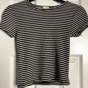 black and white, stretchy tshirt from forever 21, no tears, no loose stitching.